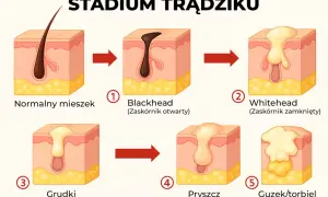 Ilustracja pokazuje etapy powstawania wyprysków na twarzy: od normalnego mieszka włosowego, przez zaskórniki, grudki, pryszcze, aż do guzków/torbieli.