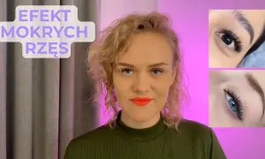 Kobieta z burzą blond loków prezentuje efekt mokrych rzęs. Dwa zbliżenia na oczy pokazują perfekcyjnie wykonane, gęste i długie rzęsy.