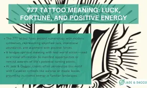 Grafika z tekstem "777 TATTOO MEANING: LUCK, FORTUNE, AND POSITIVE ENERGY" i fragmentami tatuażu.
