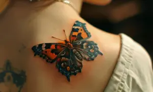 Kolorowy tatuaż motyl na ramieniu, z pomarańczowymi i niebieskimi skrzydłami, wygląda jak żywy.