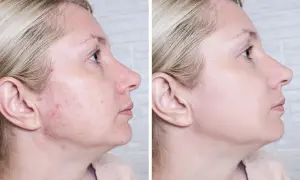 Przed i po: skóra z niedoskonałościami i zaczerwienieniami po zastosowaniu Acne Derm. Efekty widoczne od razu!