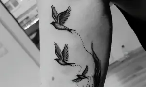 Tatuaż jaskółka na ramieniu, symbol wolności i nadziei. Trzy ptaki lecą w górę, tworząc dynamiczną kompozycję.
