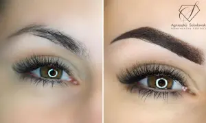 Przed i po: naturalne brwi vs. idealne, **permanentne brwi** z perfekcyjnym makijażem.