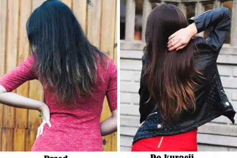 Przed i po kuracji: włosy ciemne, matowe, zniszczone, bez połysku. Po kuracji: włosy lśniące, zdrowe, z pięknym kolorem. Brak informacji o hairvity efekty uboczne.