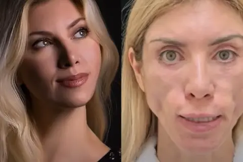 Porównanie: przed i po zabiegu liftingu twarzy nieudany. Po prawej stronie widać niepokojące zmiany.