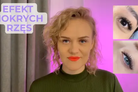 Kobieta z burzą blond loków prezentuje efekt mokrych rzęs. Dwa zbliżenia na oczy pokazują perfekcyjnie wykonane, gęste i długie rzęsy.