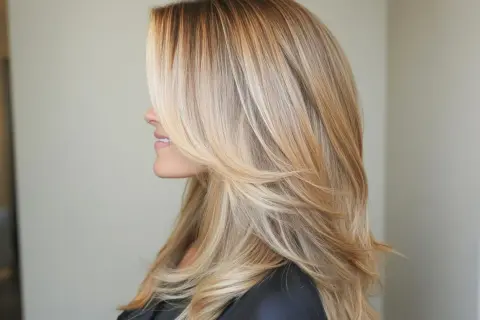 Kobieta z blond włosami, w których pięknie mienią się refleksy. Warstwowe cięcie dodaje fryzurze objętości i lekkości.