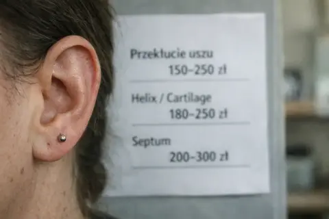 Cennik przekłuć: ucho 150-250 zł, helix 180-250 zł, septum 200-300 zł.