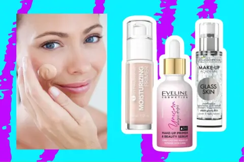 Kobieta aplikuje podkład, obok trzy produkty: baza nawilżająca, serum Eveline Unicorn i baza Bielenda Glass Skin – najlepsza baza pod makijaż.