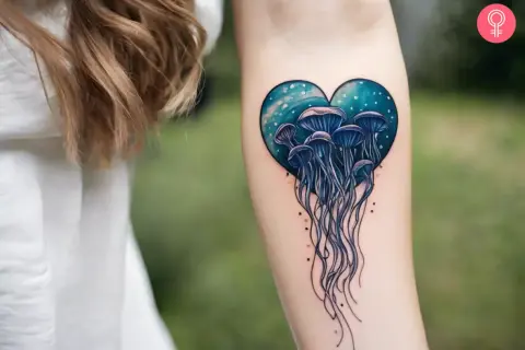 Tatuaż z meduzami w kształcie serca na ramieniu.