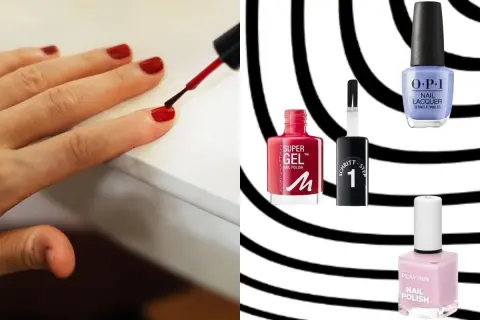 Dłoń maluje paznokcie na czerwono. Obok buteleczki lakierów: Manhattan Super Gel, OPI, Inglot Playinn – szukaj lakieru do paznokci trwałego jak hybryda.