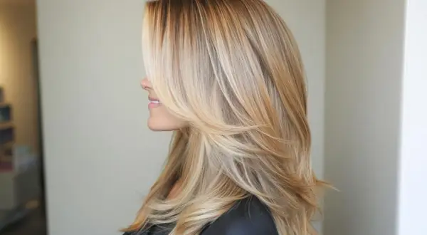 Kobieta z blond włosami, w których pięknie mienią się refleksy. Warstwowe cięcie dodaje fryzurze objętości i lekkości.