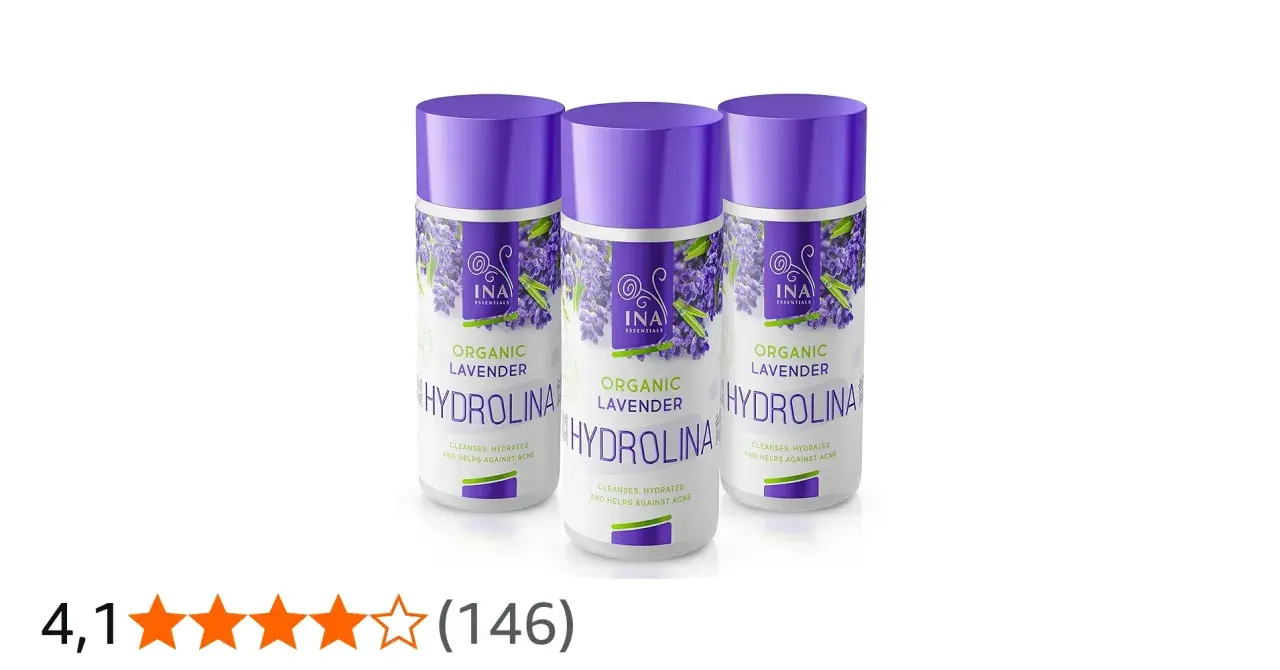 Trzy butelki hydroliny lawendowej INA Essentials z motywem lawendy. Produkt oczyszcza, nawilża i pomaga zwalczać trądzik.