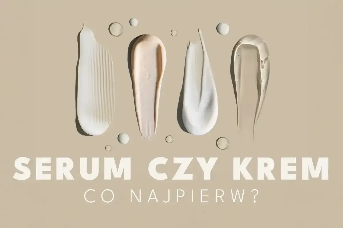 Smugi kremów i serum na beżowym tle. Pytanie brzmi: najpierw serum czy krem?