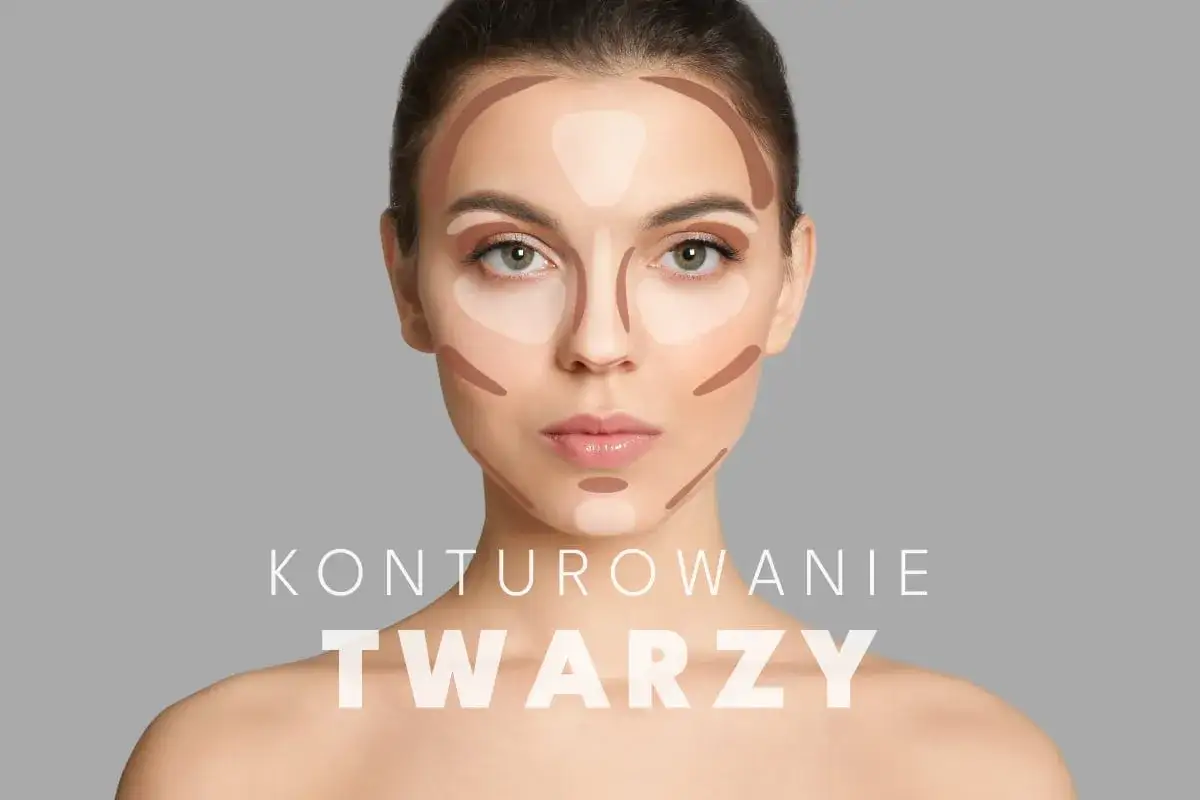 Modelka z zaznaczonymi na twarzy jasnymi i ciemnymi kosmetykami, podkreślającymi jej ostre rysy twarzy.