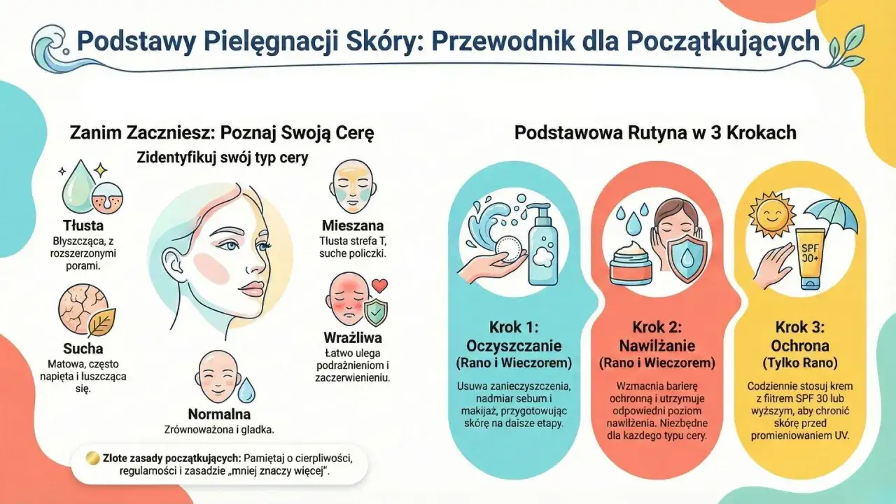 Ilustracja przedstawia typy cery: tłustą, suchą, mieszaną, wrażliwą i normalną, a także podstawową rutynę pielęgnacji skóry w 3 krokach. Nie ma na niej wyprysków na twarzy.