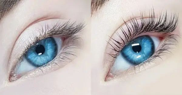 Przed i po zabiegu. Po lewej nieudana laminacja rzęs, po prawej efekt wow!
