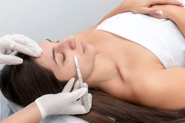 Zabieg dermaplaningu: kosmetyczka w rękawiczkach delikatnie usuwa martwy naskórek i włoski z twarzy klientki za pomocą skalpela.
