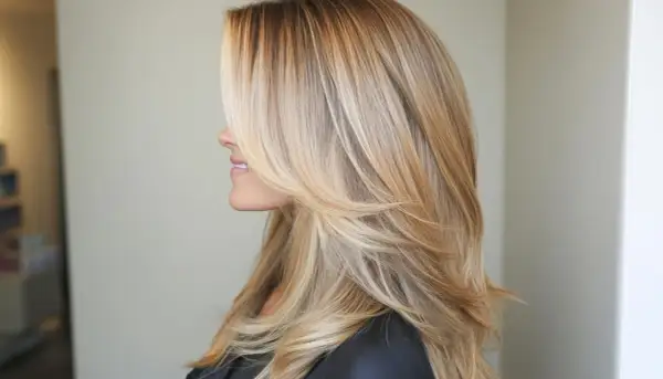 Kobieta z blond włosami, w których pięknie mienią się refleksy. Warstwowe cięcie dodaje fryzurze objętości i lekkości.