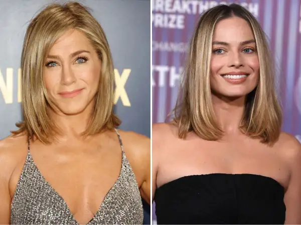 Jennifer Aniston i Margot Robbie prezentują stylowe fryzury z prostym cięciem (blunt cut).