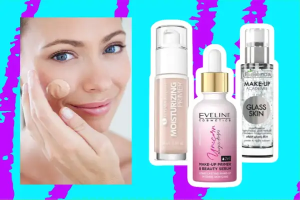 Kobieta aplikuje podkład, obok trzy produkty: baza nawilżająca, serum Eveline Unicorn i baza Bielenda Glass Skin – najlepsza baza pod makijaż.