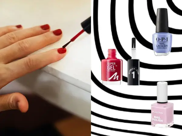 Dłoń maluje paznokcie na czerwono. Obok buteleczki lakierów: Manhattan Super Gel, OPI, Inglot Playinn – szukaj lakieru do paznokci trwałego jak hybryda.